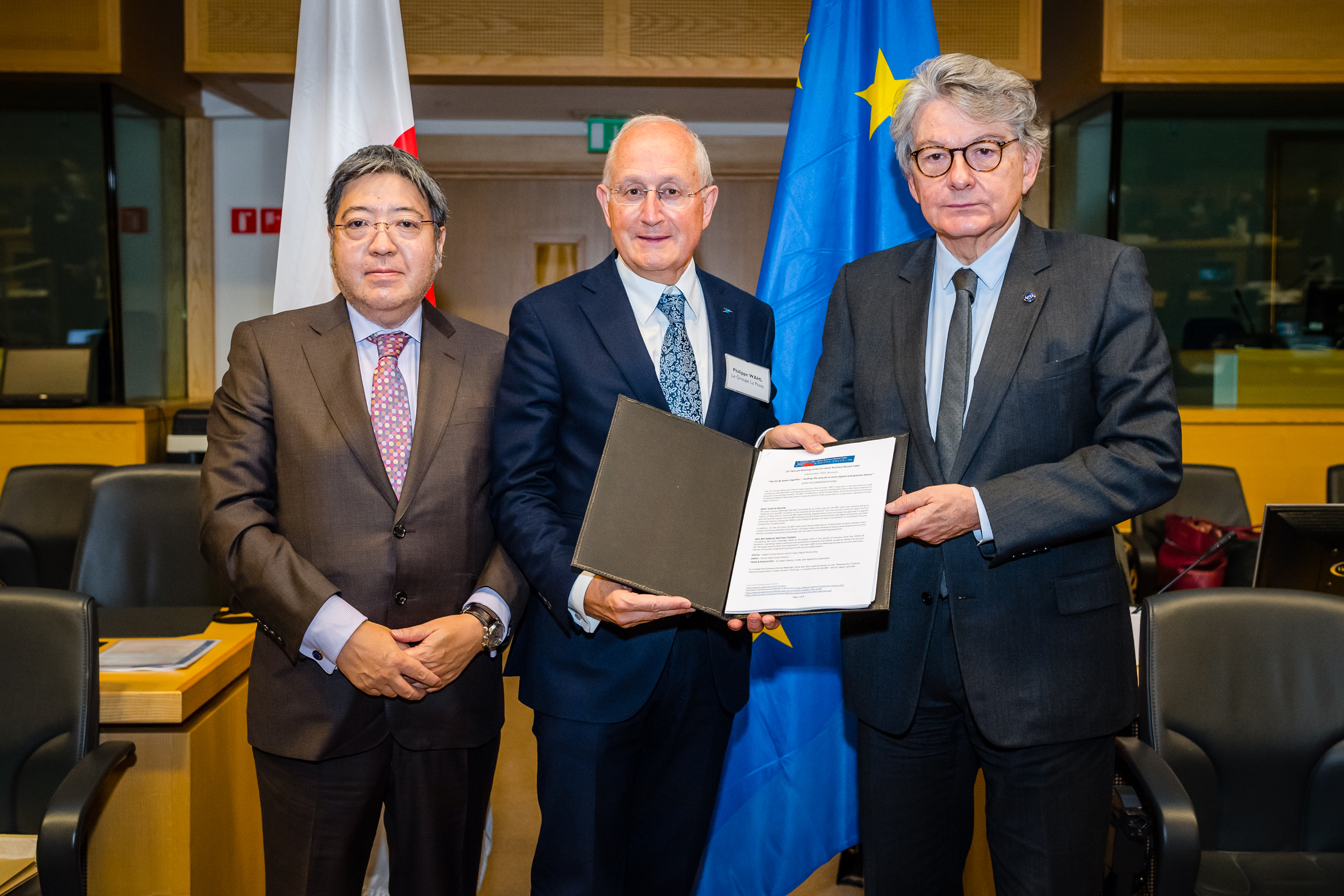 Ambassador Masaki, BRT co-Chair Wahl & Commissioner Breton with the BRT's 2021 Recommendations